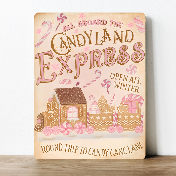 The British Metal Signs Company - Venta al por mayor Arte mural navideño - Cartel de Metal Decorativo de Navidad Candyland Express Candy Cane Lane0