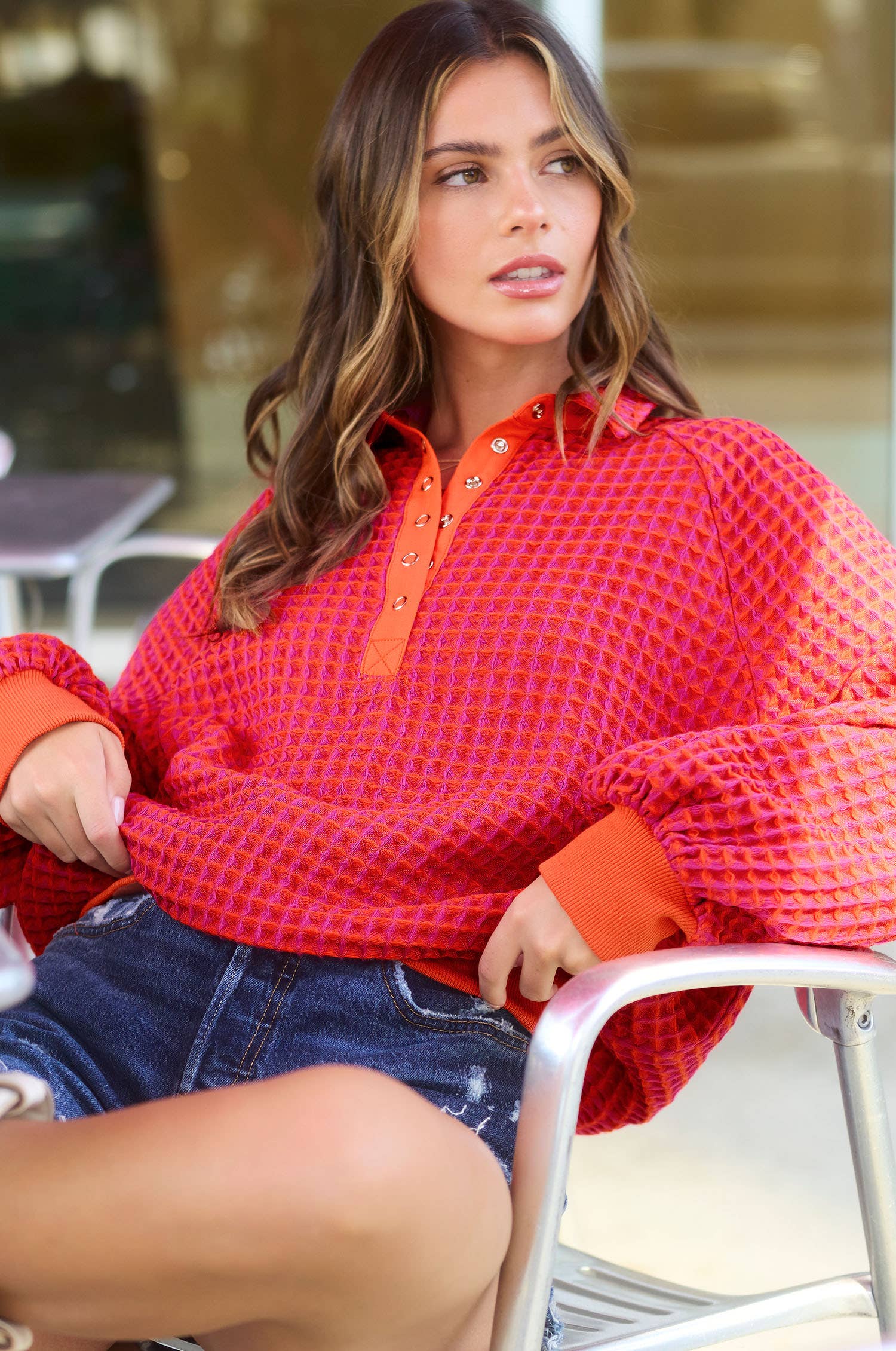 La Miel - Wholesale Sweatshirt - Women's - HCS3576-Unique Two Tone Textured Snap Button Front Top8