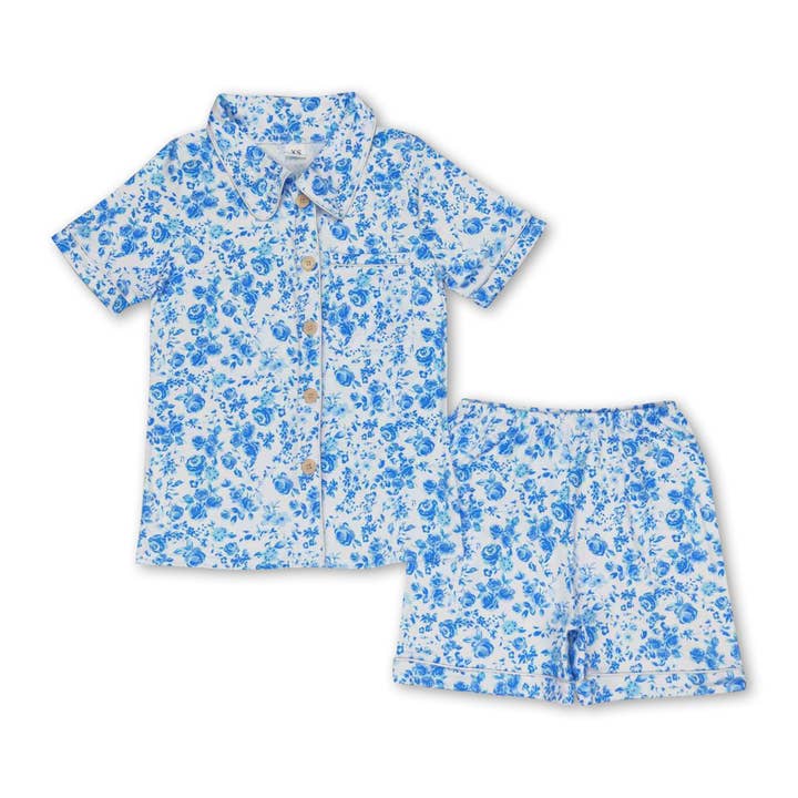 Short sleeves blue floral adult women button down pajamas for wholesale by Yawoo Garments