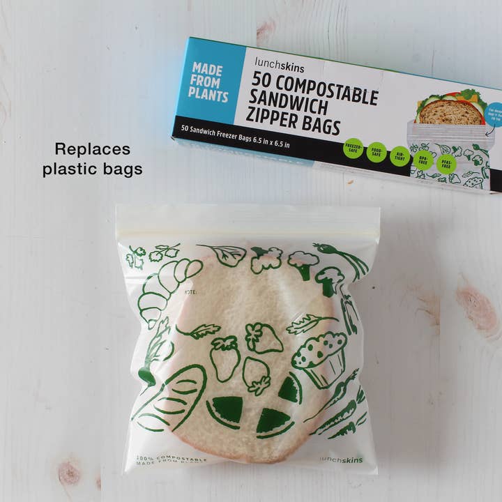 Lunchskins - Wholesale Food Storage Wrap/Bag - Compostable Freezer-Safe Sandwich Ziptop Bags 50ct3