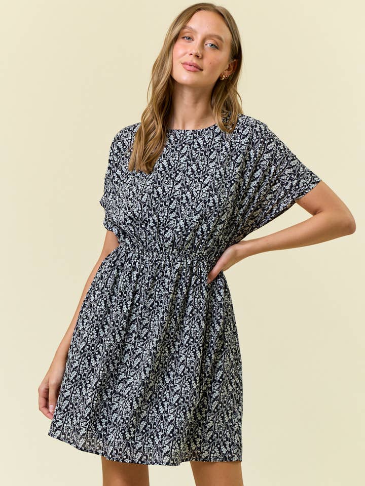 Floral Print Pleat Dolman Short Sleeve Mini Dress - 27566D-1 for wholesale by Doe and Rae