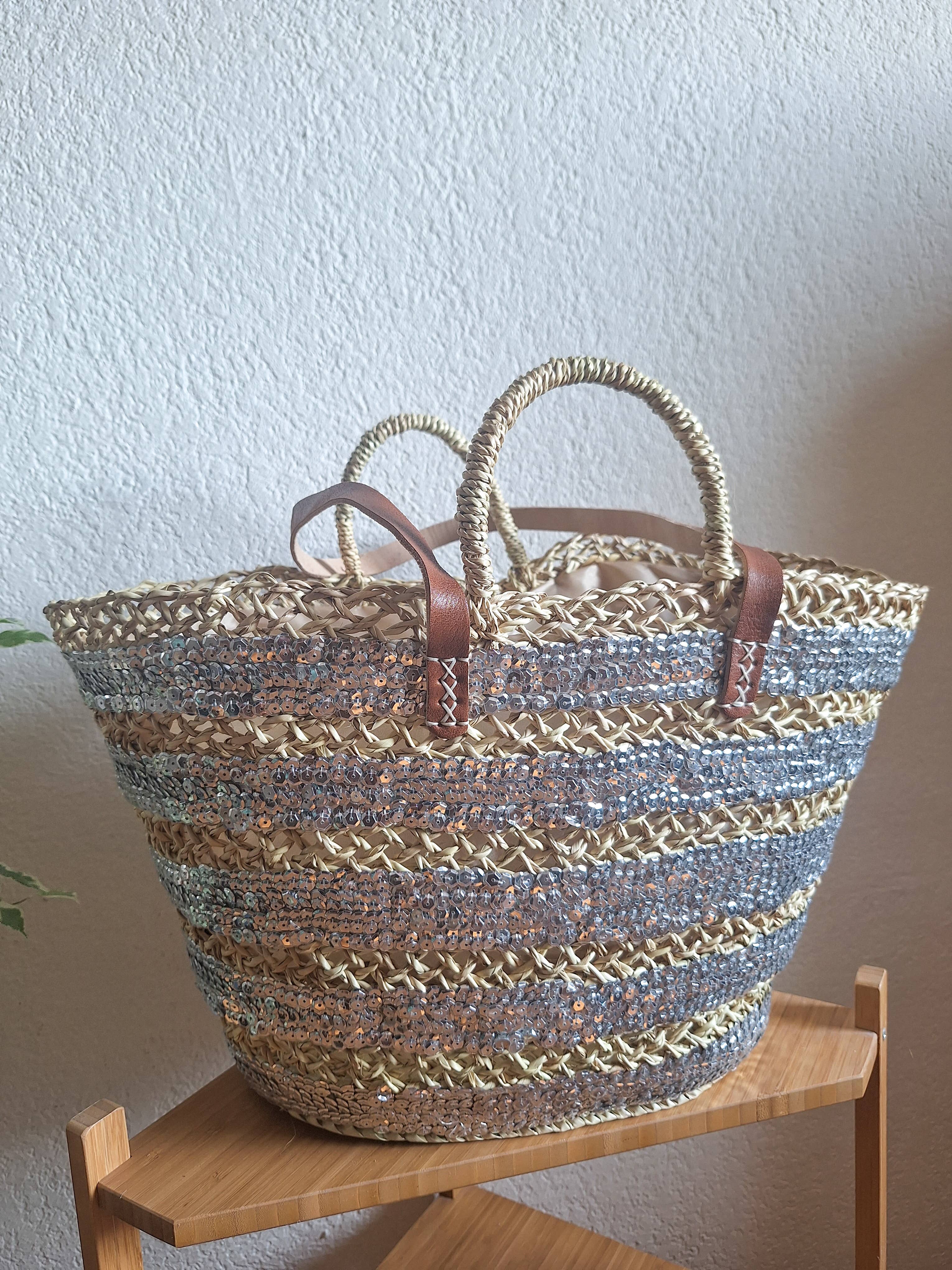 LeBazare - Vendita all'ingrosso Borsa da spiaggia - Borsa shopper in paglia ricamata con paillettes grigie1