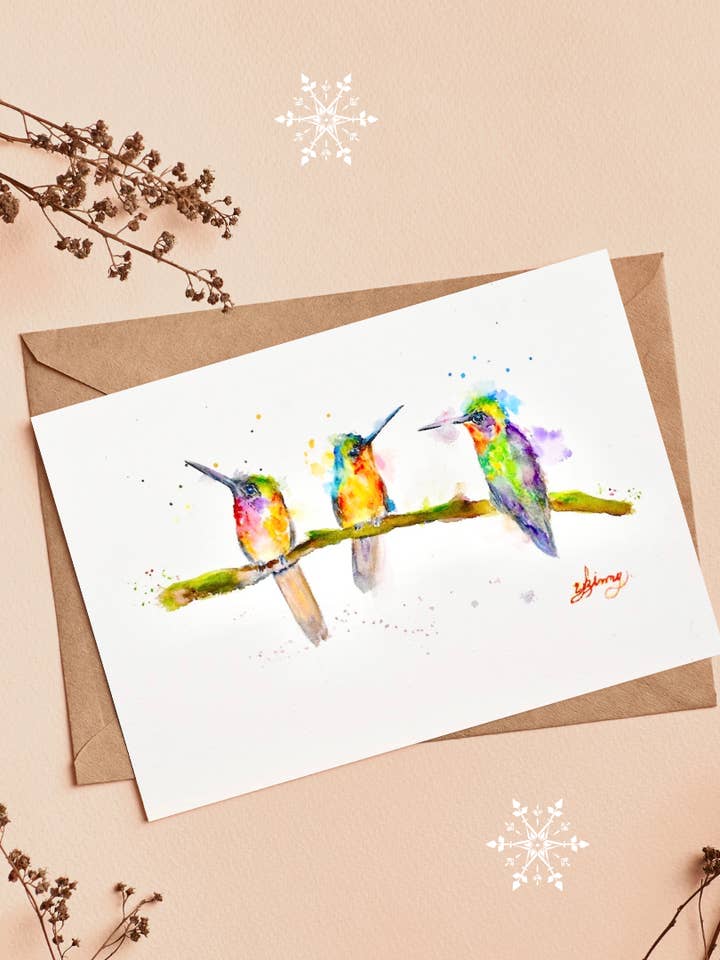 Humming Bird greeting card with watercolor for wholesale by Essence of the Art