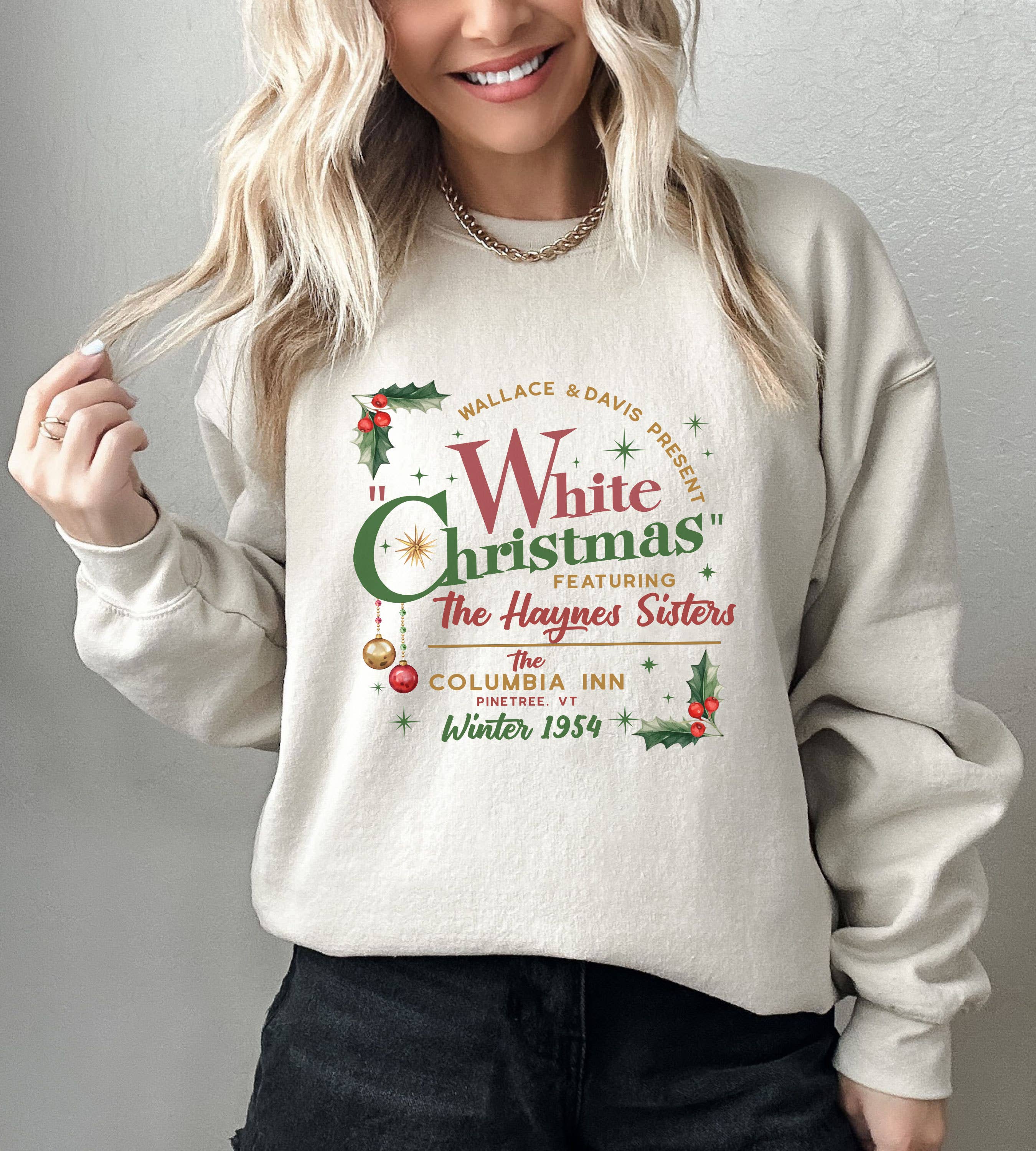 NVC Ecommerce LLC – wholesale Graphic sweatshirt – Women’s – Haynes Sisters White Christmas Sweatshirt, Winter Holiday1