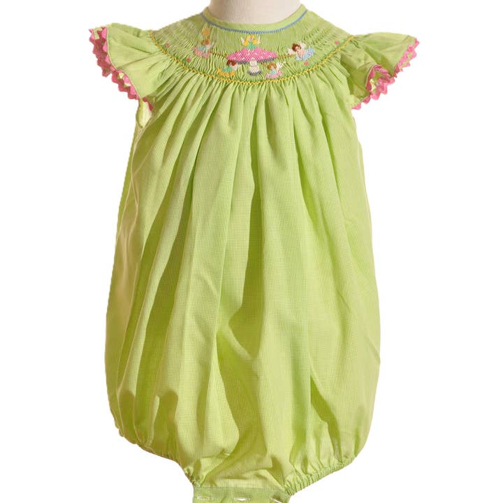 Grön Gingham Svampälvor Smockad Änglavingebubbla för wholesale av Hello Bebes!