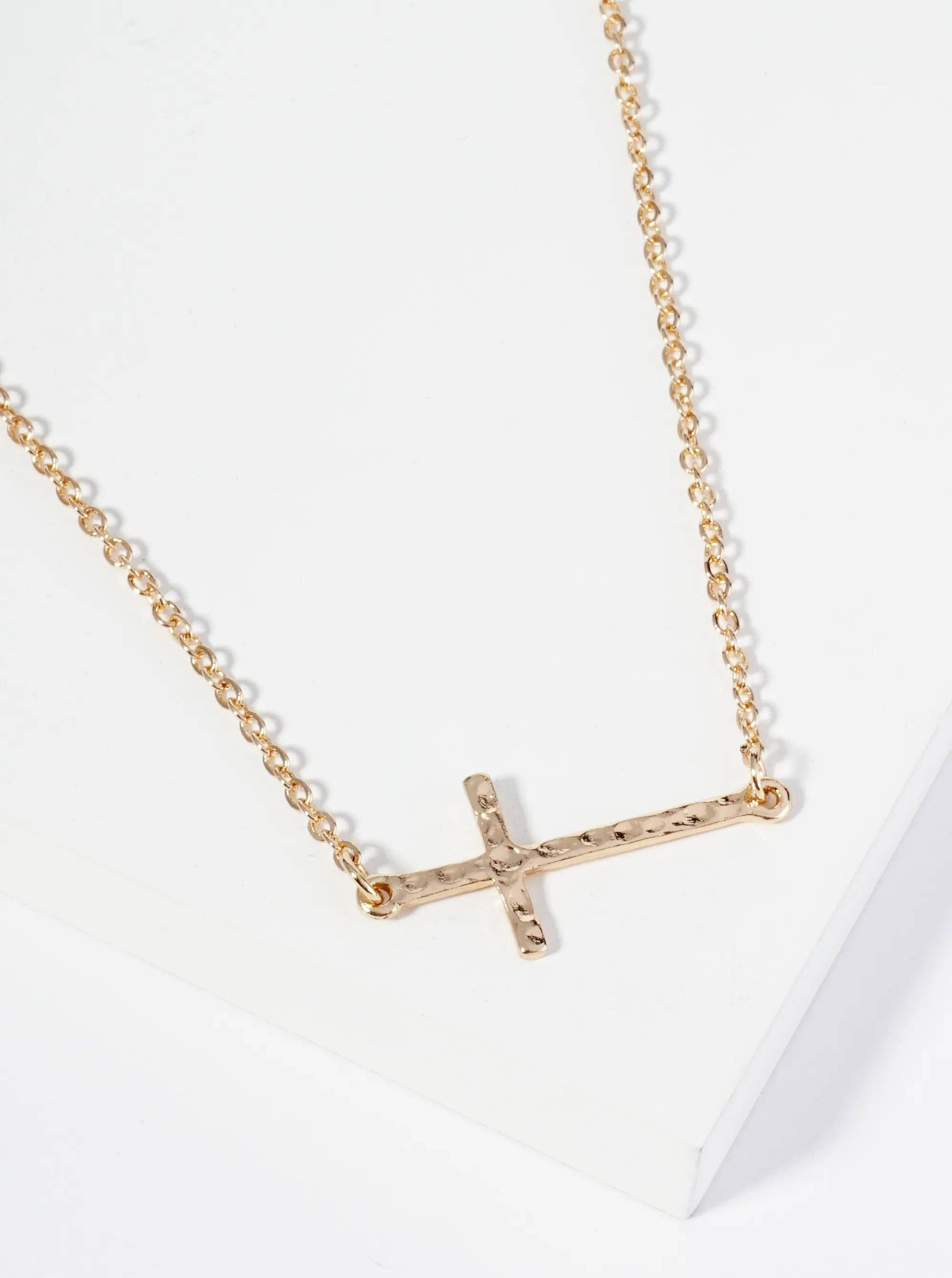 Wild Honey - Wholesale Pendant/Charm Necklace - Hammered Metal 1 Inch Sideways Cross Pendant Necklace3