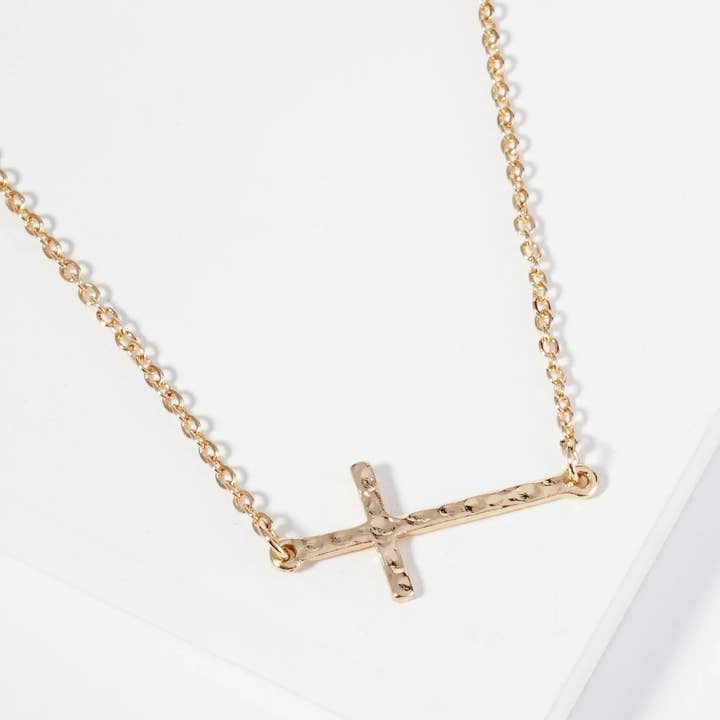 Wild Honey - Wholesale Pendant/Charm Necklace - Hammered Metal 1 Inch Sideways Cross Pendant Necklace3