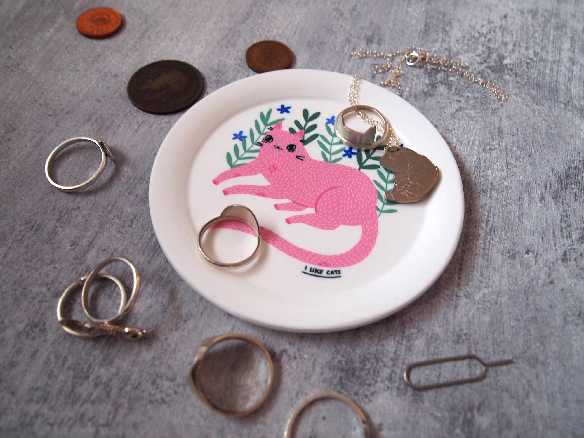 I LIKE CATS - Wholesale Jewelry Dish - Pink cat illustrated trinket dish, ring dish, coaster tray1
