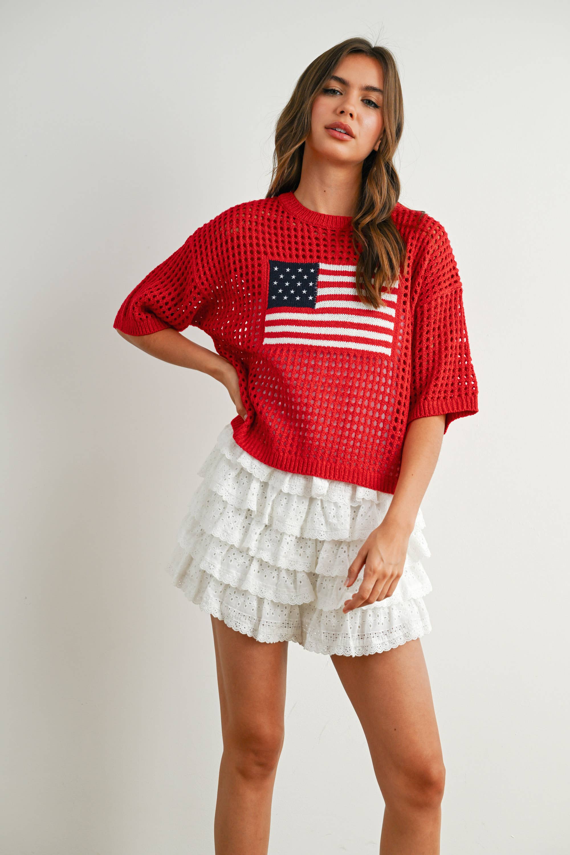BUTTERMELON - Wholesale Knit Top - Women's - Flag Print Open Knit Crochet Sweater Top - BMW773528