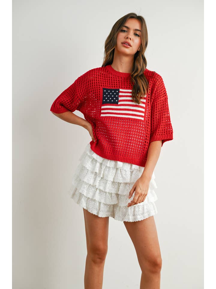 BUTTERMELON - Wholesale Knit Top - Women's - Flag Print Open Knit Crochet Sweater Top - BMW773528