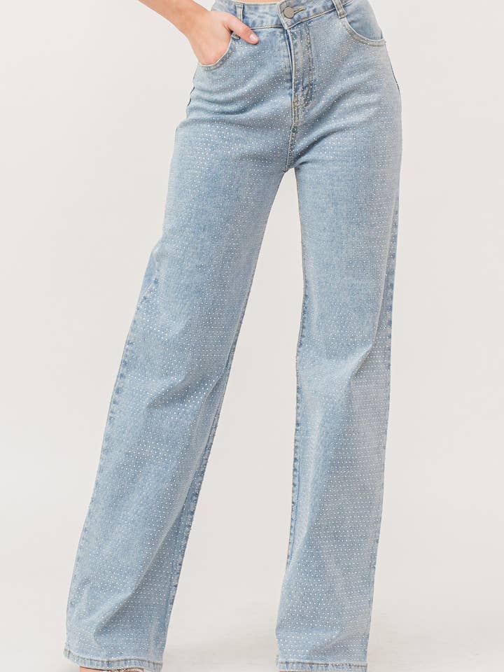 IP2847 - Stretchjeans med hotfix-strass och avslappnad, lätt utsvängd passform för wholesale av KIWI