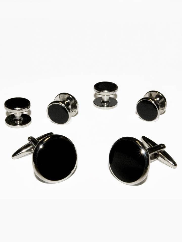 Black Circular Onyx with Silver Trim Studs and Cufflinks Set for wholesale by Cardi International