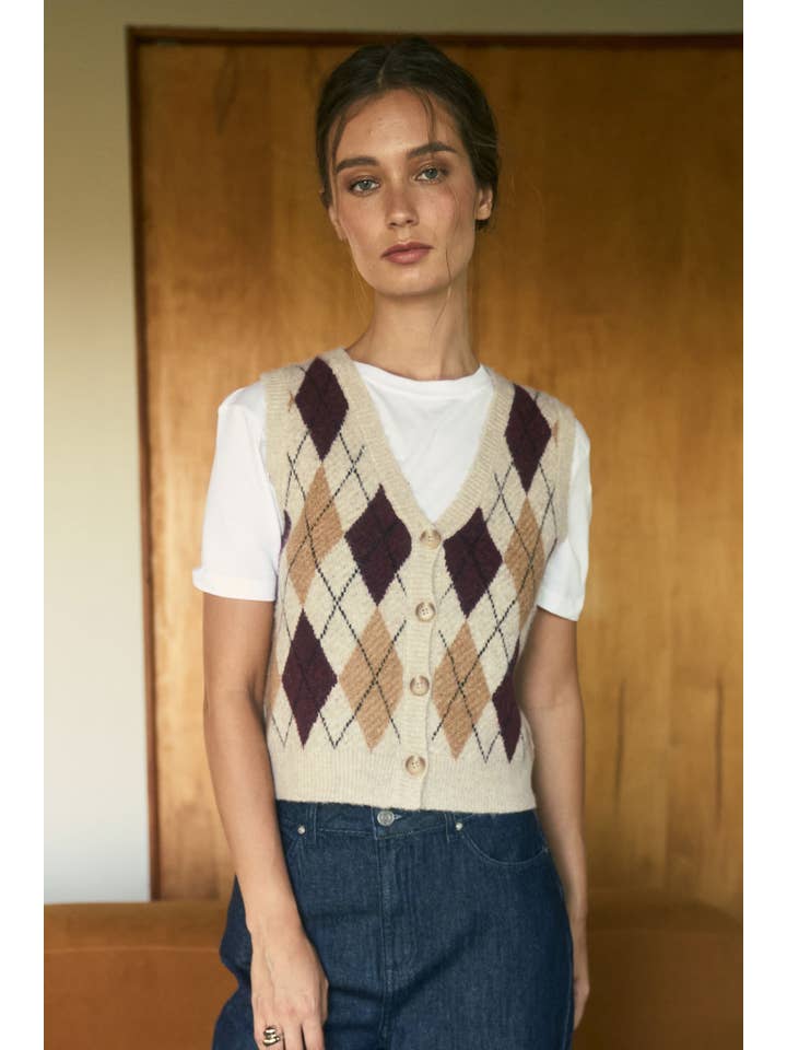 The Workshop Studio - Vente Veste sans manches – femme - GILET EN MAILLE À BOUTONS AVEC MOTIF ARGYLE11