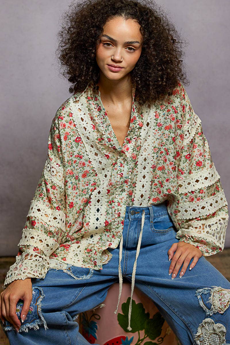 Pol Clothing - Wholesale Button Down Shirt - Women's - Balloon Sleeve Trim See-through Floral Printed Shirt Top17