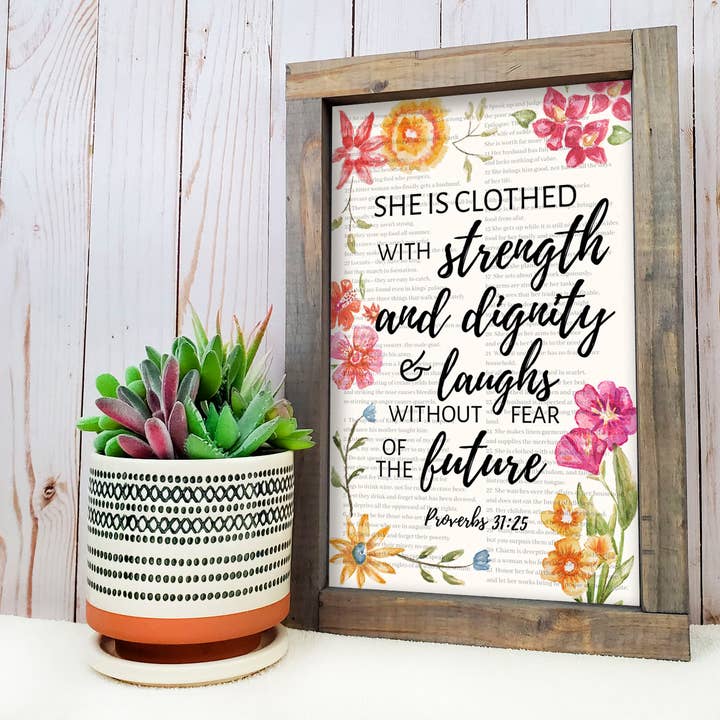 She Is Clothed With Strength Proverbs 31:25 Wood Sign Decor for wholesale by WhimsyLotus