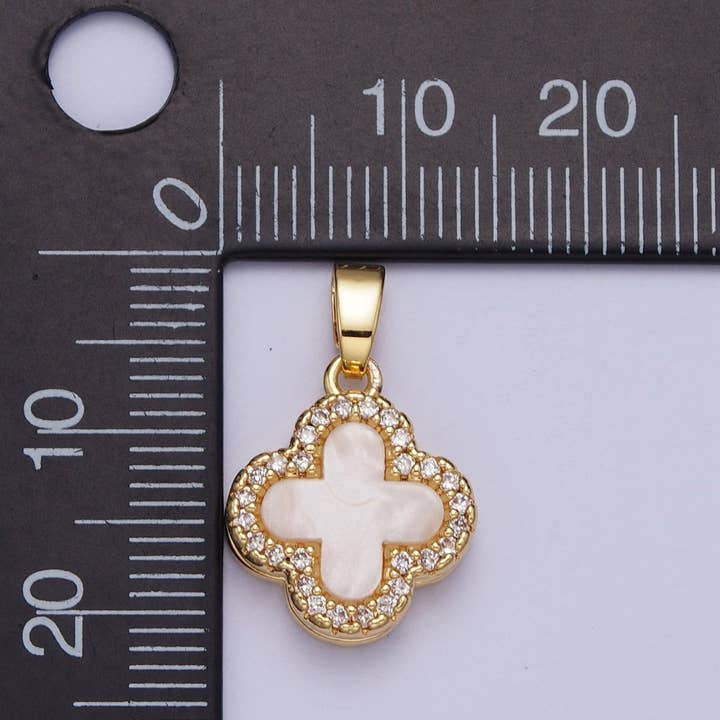 Aim Eternal - Wholesale Individual Charm/Pendant - Double Sided Black and White Quatrefoil Lucky Four Clover Pendant with Micro pave Cubic Zirconia Pendant For DIY Necklace Making | X-5213
