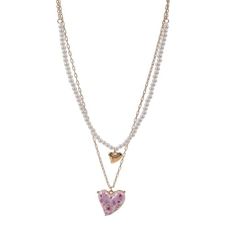 Designature New York - Wholesale Pendant/Charm Necklace - Valentine Heart Pearl W Flower 2 Layered Necklace3