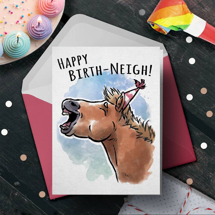 “Happy Birth-neigh” - Cartão de Aniversário Funny Horse Pun Farm por atacado de Aaron Millard Illustration