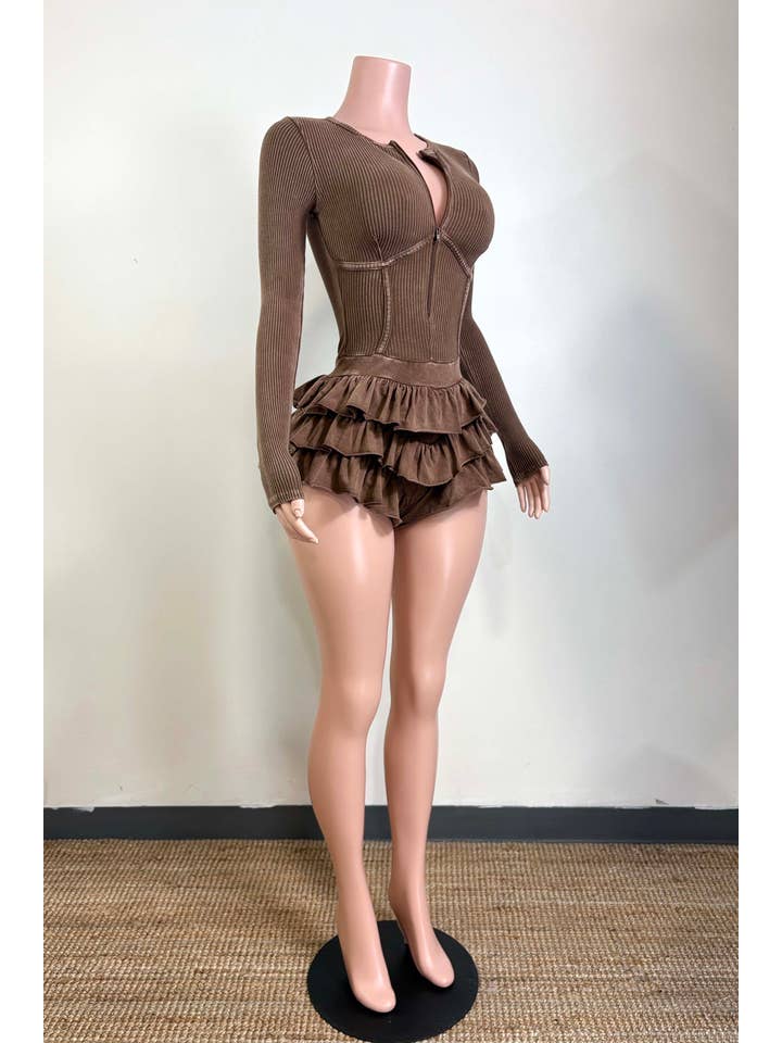 Dalia Studio - Wholesale Romper - Women's - MINERAL WASH ZIP UP TIERED BOTTOM ROMPER2