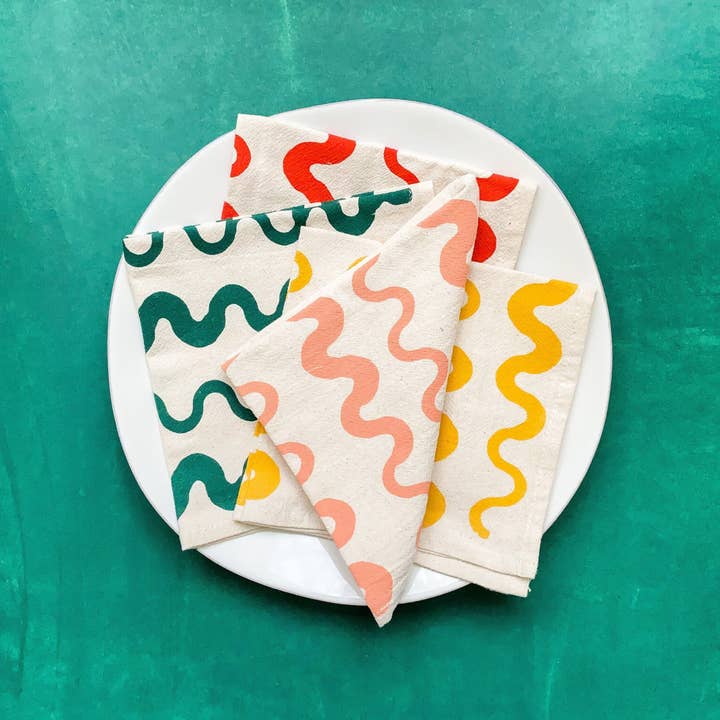 Bright Beige - Vente Serviettes de table en tissu - Serviettes en coton imprimées à la main à rayures ondulées, lot de 44