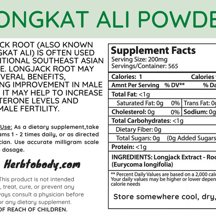 Herb To Body - Wholesale Protein/Superfood Powder - Tongkat Ali Powder - Longjack - Eurycoma Longifoloa 4oz