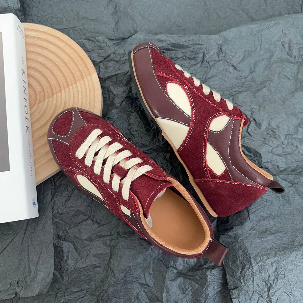ACCITY - Wholesale Flats/Loafers - Women's - Retro Colorblock Sneakers in Wine Red Style_CWSHF01681