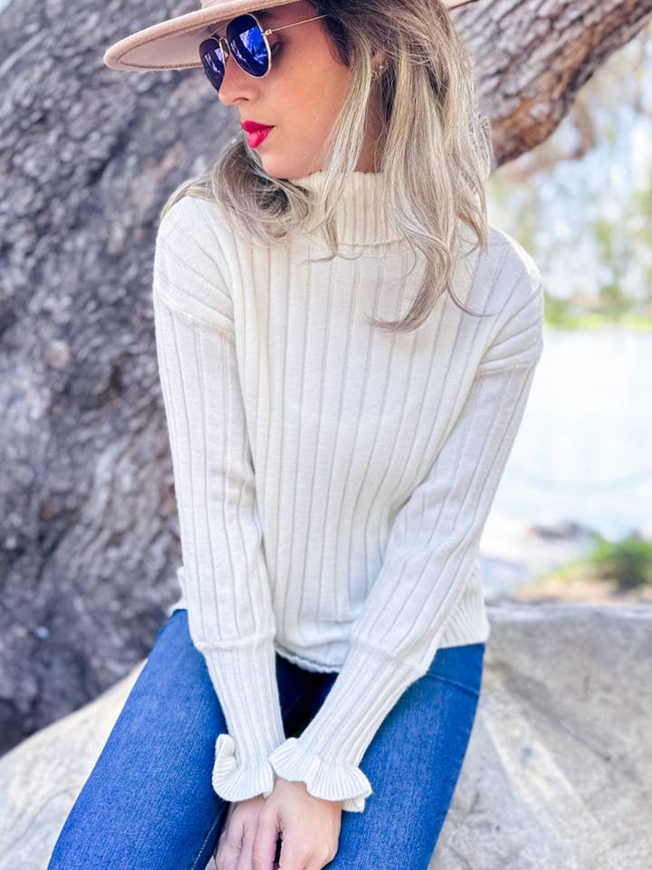 Cream Ruffle Sleeve Ribbed Turtleneck Knit Sweater for wholesale by AMOLI