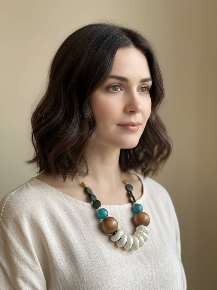 HIL08 - turquoise, wood and green adjustable cord necklace for wholesale by Gist Jewellery