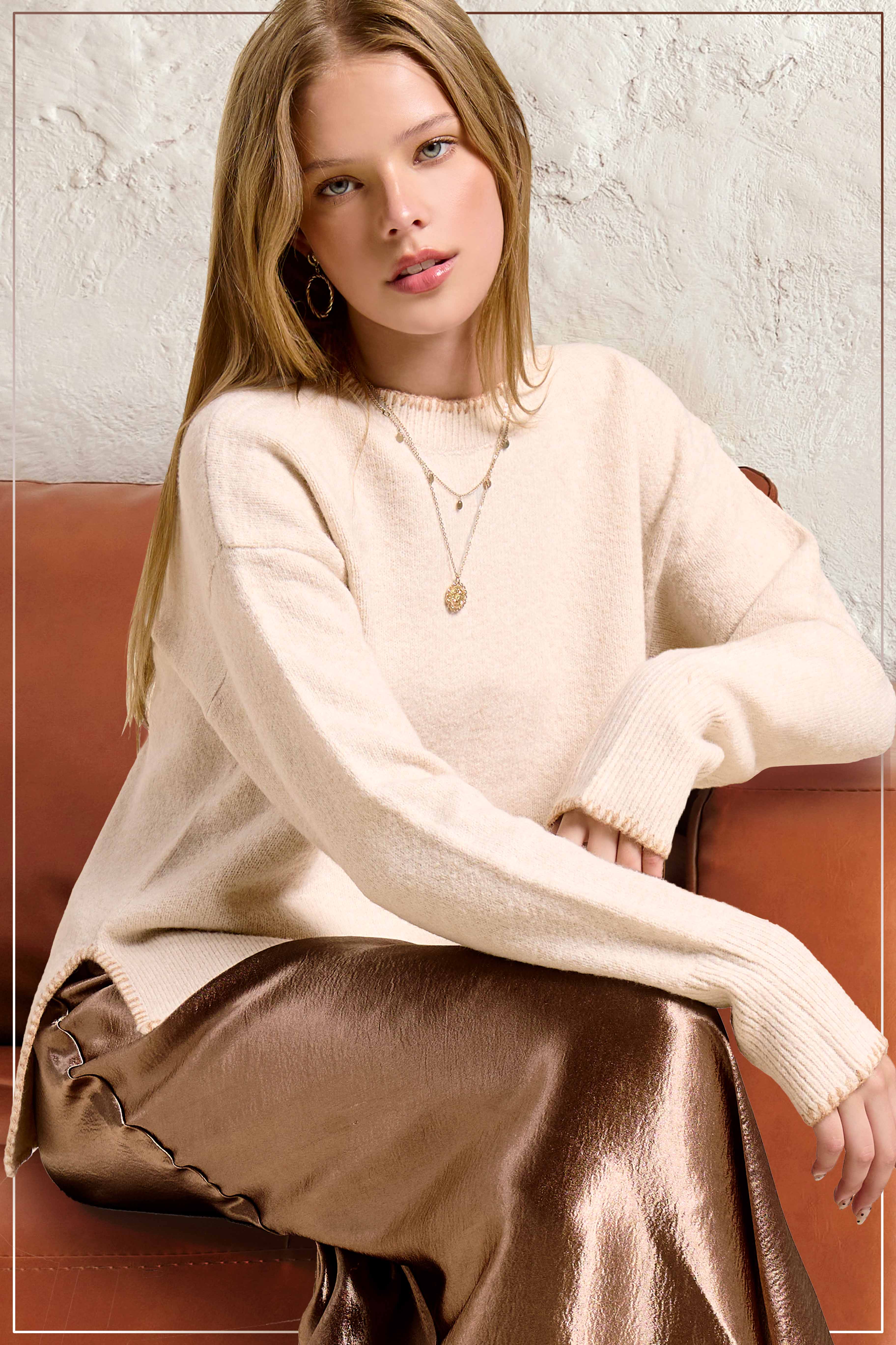 La Miel - Wholesale Knit Sweater - Women's - JDS3607-Hi-Low Crew Neck Sweater W/ Contrast Blanket Stitch23