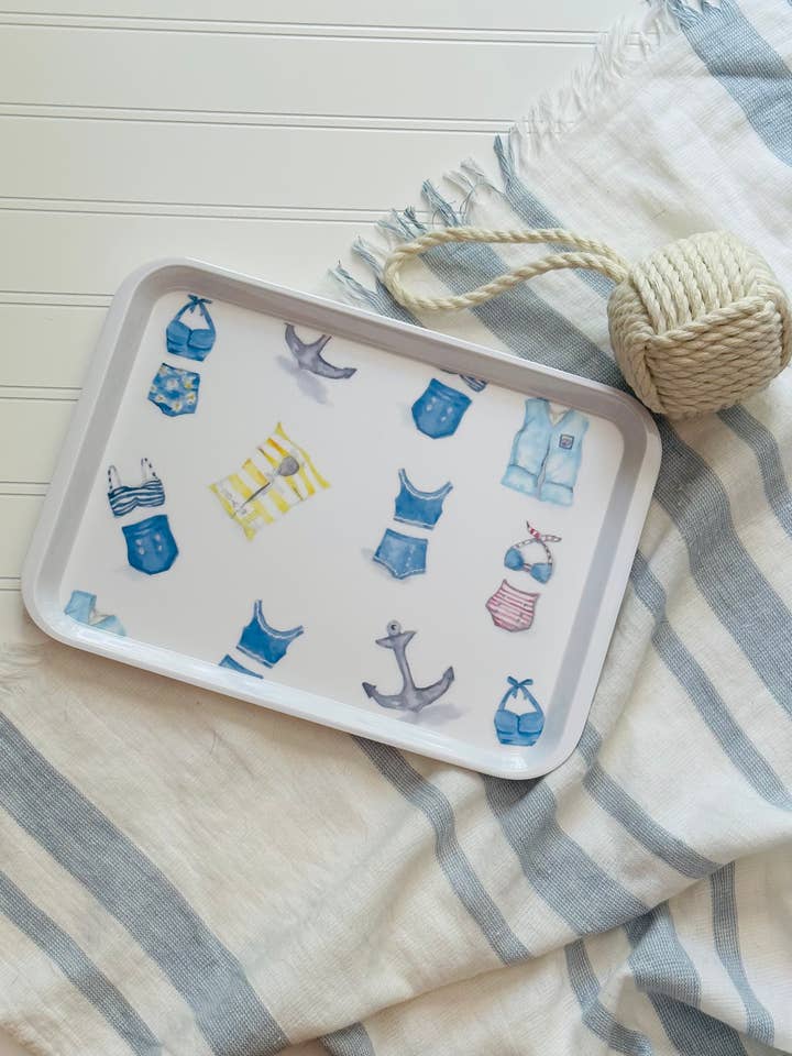 Vassoio da portata in melamina illustrato ad acquerello con tema vita da spiaggia per la vendita all'ingrosso da parte di LSA-studio