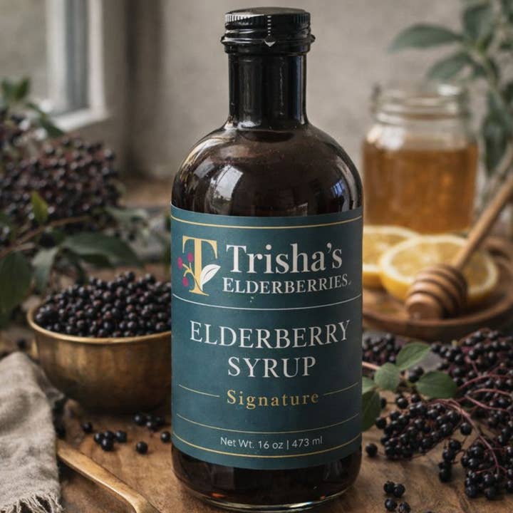 Signature Elderberry Wellness Syrup Raw Honey & Whole Spices for wholesale by Trisha's Elderberries