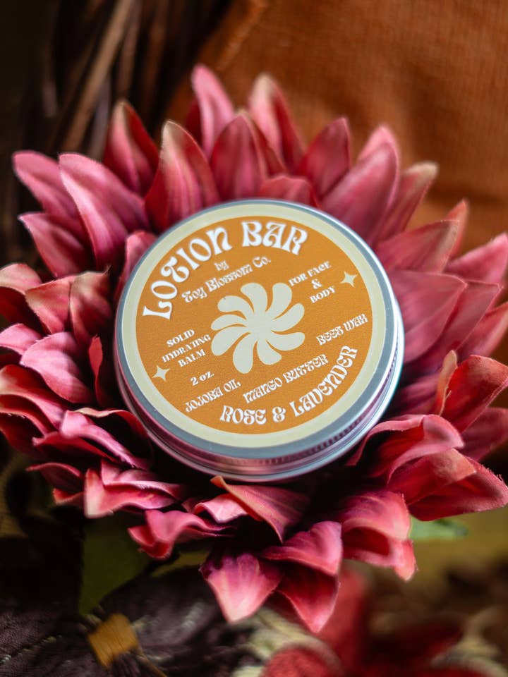 Rose Lavender Lotion Bar: Natural Balm in Reusable Tin for wholesale by Toy Blossom Co.