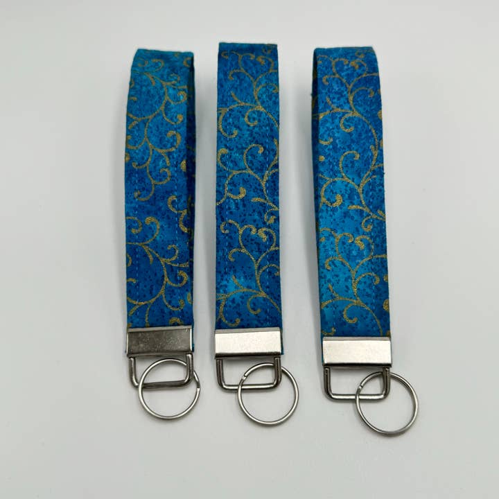 The Sticker Lab - Wholesale Keychain – Women's - Teal Blue & Gold Swirl Fabric Keychain Wristlet, Key Fob2