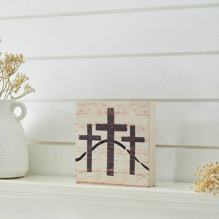 VHC Brands - Wholesale Sign - Celebrate Grace 3 Crosses Distressed Antique White MDF Block Sign 6x6x1