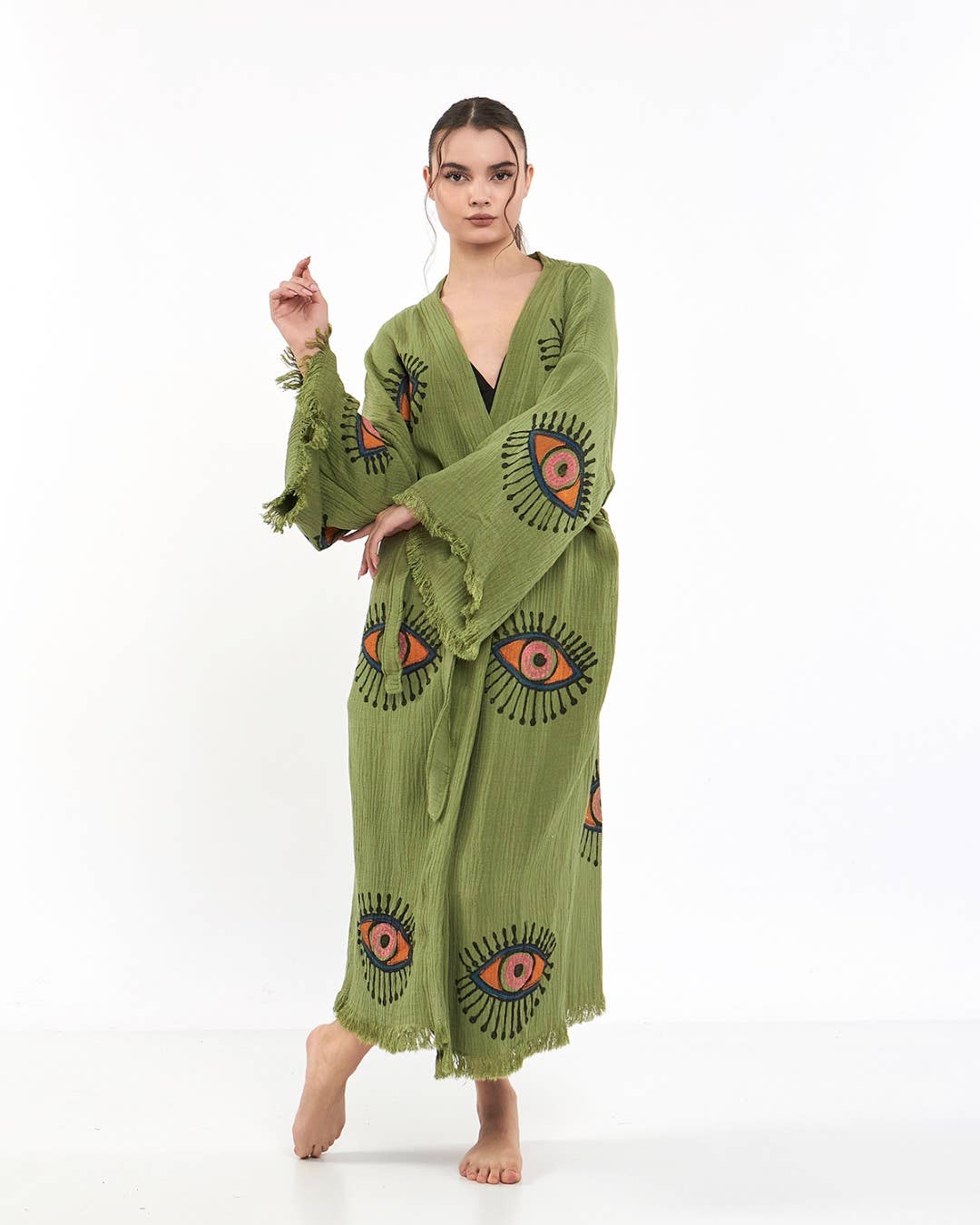 Yaz Concepts - Wholesale Kimono - Women's - Turkish Evil Eye Print Olive Green Robe Festival Kimono Gown9