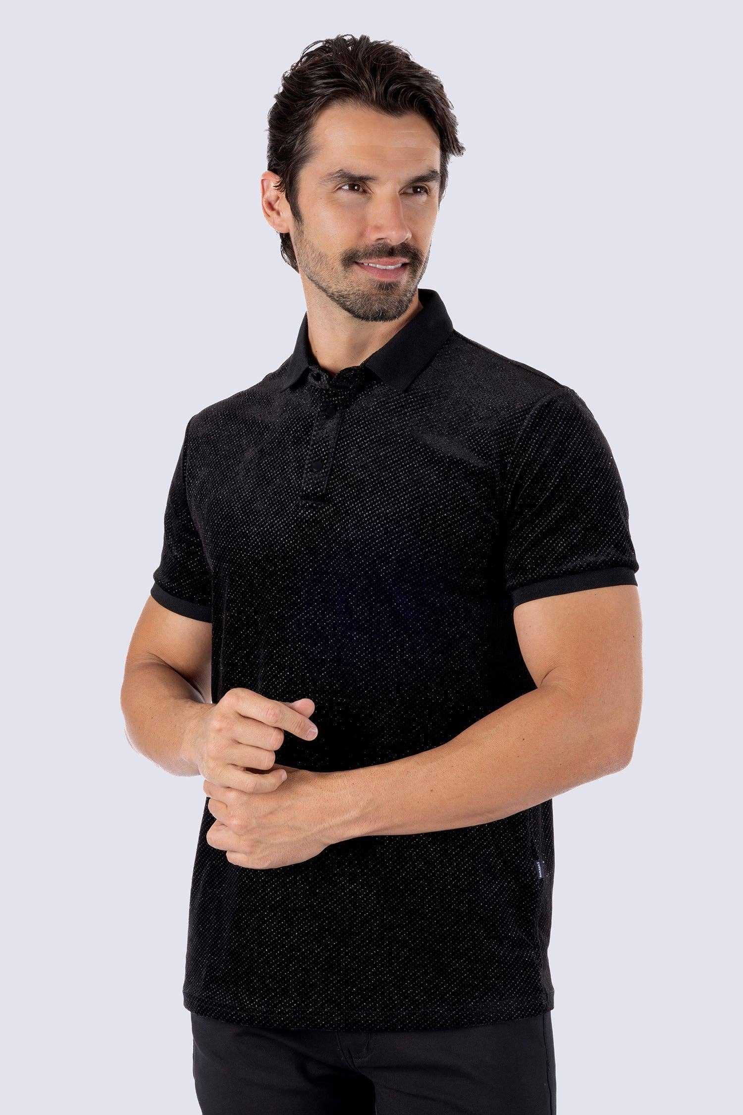 Black Black Men's Textured Shiny Stretch Polo Shirts SP702 for wholesale on Faire0