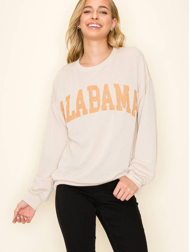 Tres Bien, Inc - Wholesale Graphic Sweatshirt - Women's - "ALABAMA" RIBBED L/S TOP