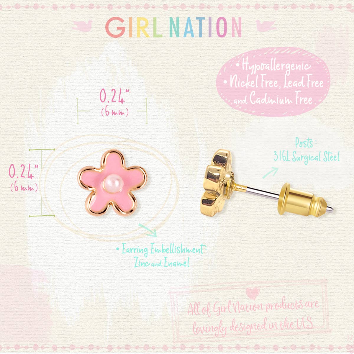 Girl Nation - Wholesale Stud/Post Earrings - Pink Fancy Flower Cutie Stud Earrings6