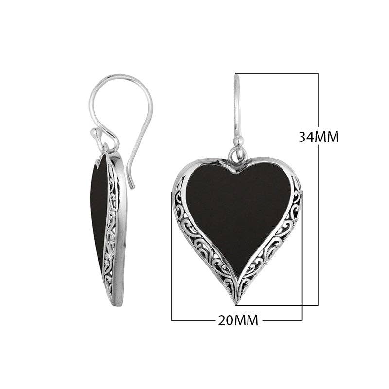 Bali Designs - Wholesale Dangle Earrings - AE-6196-SHB Sterling Silver Heart Earrings With Black Shell Inlay And Detailed Filigree Frame1