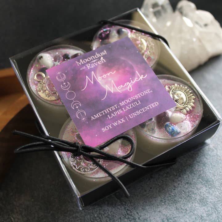 Moondust and Raven - Wholesale Tea Light Candles - Moon Magick Tealight Crystal Candles, Ritual Candles