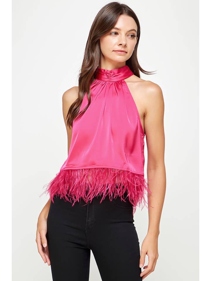 Strut & Bolt - Wholesale Blouse - Women's - Halter Neck Feather Trim Satin Top14