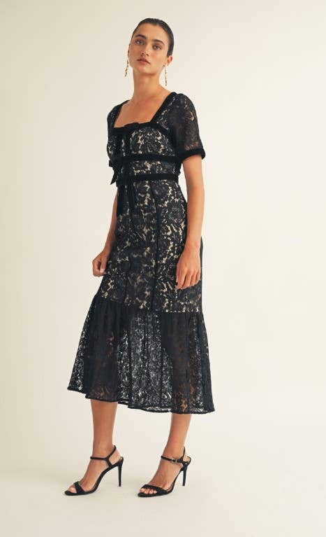 JUST ME - Vente Robe – femme - Robe midi en dentelle florale à manches courtes5