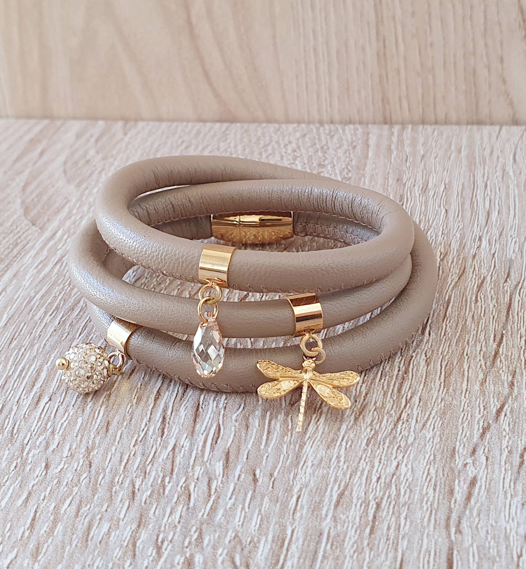 DIGE DESIGNS - Wholesale Charm/Dangle Bracelet - Beige triple wrap leather bracelet with dragonfly and charms3