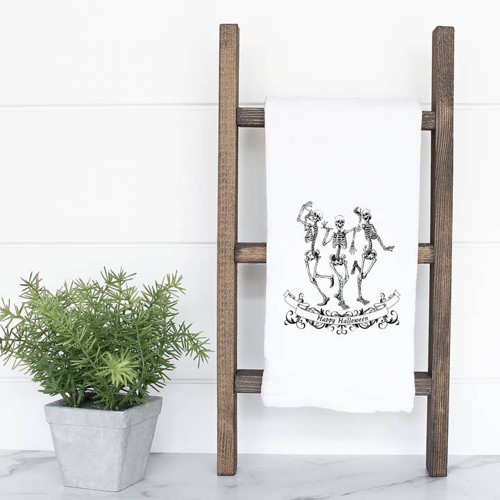 Happy Halloween Skeletons Dancing Kitchen Tea Towel Fall for wholesale by Rising Tide Vintage