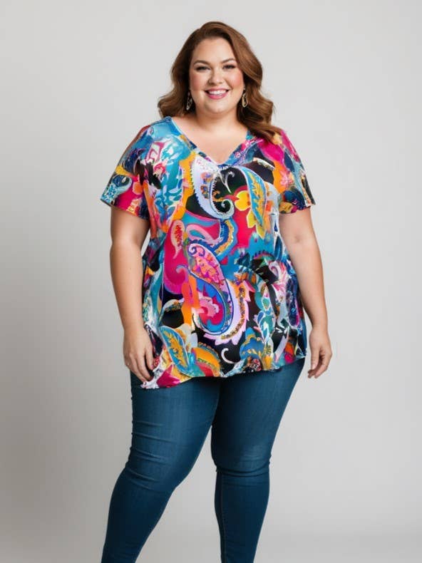 Pomme Rouge Paris - Wholesale Tunic - Women's - Plus size printed blouse (C6569&BLACK)0