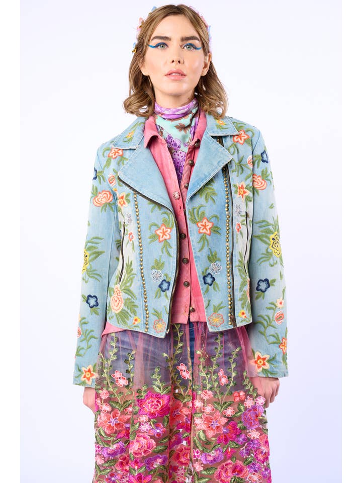 Lucinda Embroidered Denim Motorcycle Jacket for wholesale on Faire4