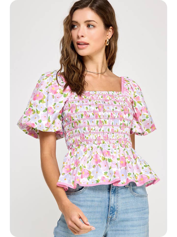 Strut & Bolt - Wholesale Blouse - Women's - Floral Print Contrast Smocking Top