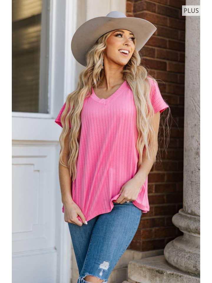 Andrée by Unit - Wholesale Knit Top - Women's - PLUS SIZE Casual Thick Ribbed V Neck Top