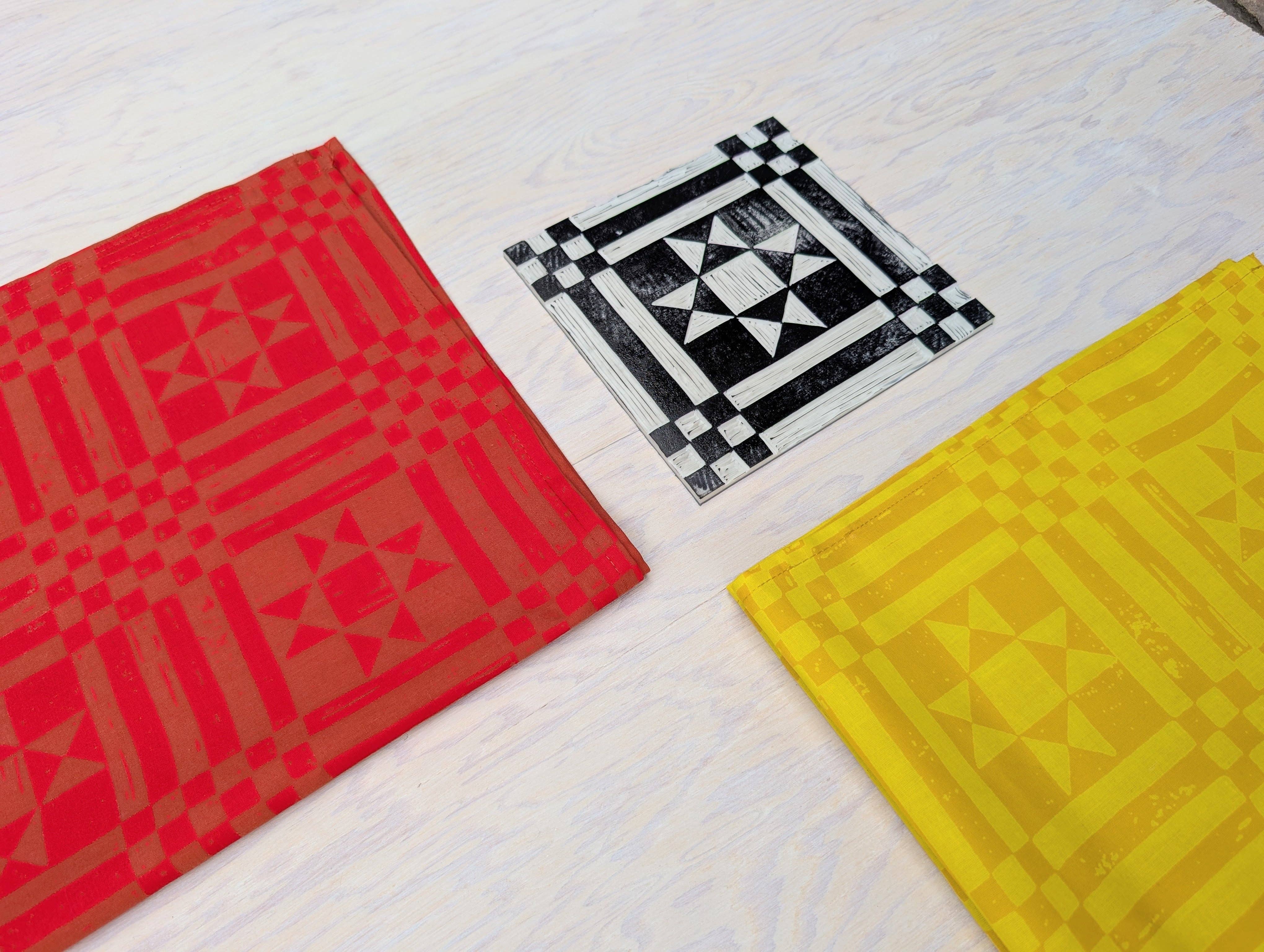 ilikesara | art + goods – wholesale Bandana – Women's – bandana | sawtooth yellow gold - geometric folk quilt pattern scarf neckerchief1