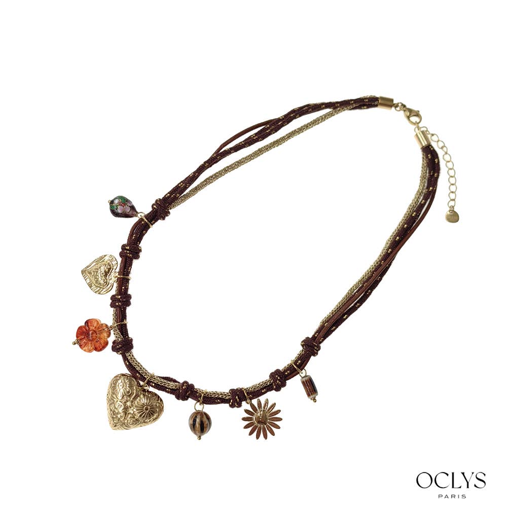 Oclys - Wholesale Pendant/Charm Necklace - Double cord necklace with heart charms in gold stainless steel0